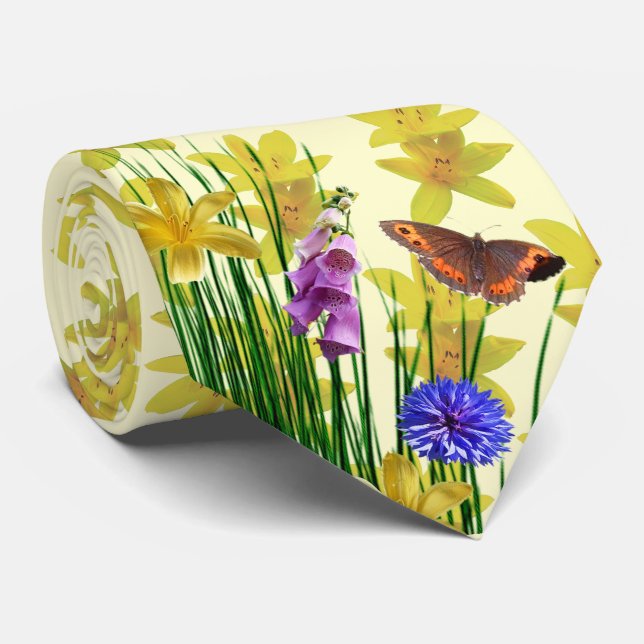 Floral Cream Dragonfly Butterfly Neck Tie Krawatte (Gerollt)