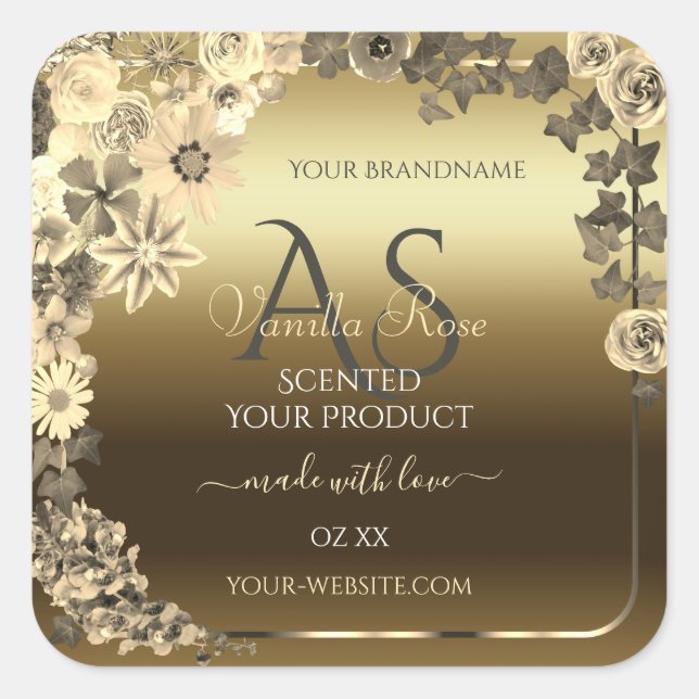 Floral Cream Gold Étiquette d'emballage Monogramme (Devant)