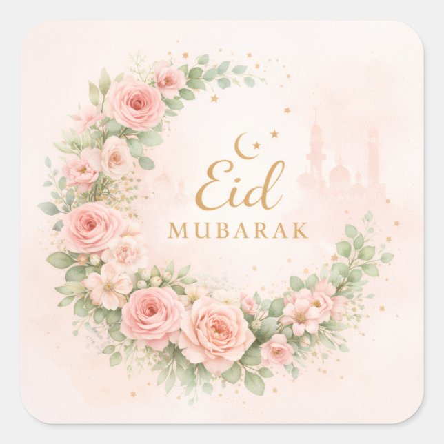Floral Crescent Eid Mubarak Stickers– Soft Pink & Quadratischer Aufkleber (Vorderseite)