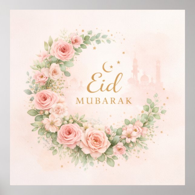 Floral Crescent Eid Mubarak Wall Art – Soft Pink & Poster (Vorne)