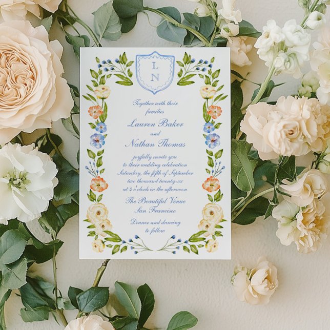 Floral Crest Frame Wedding Invitation Einladung (Von Creator hochgeladen)