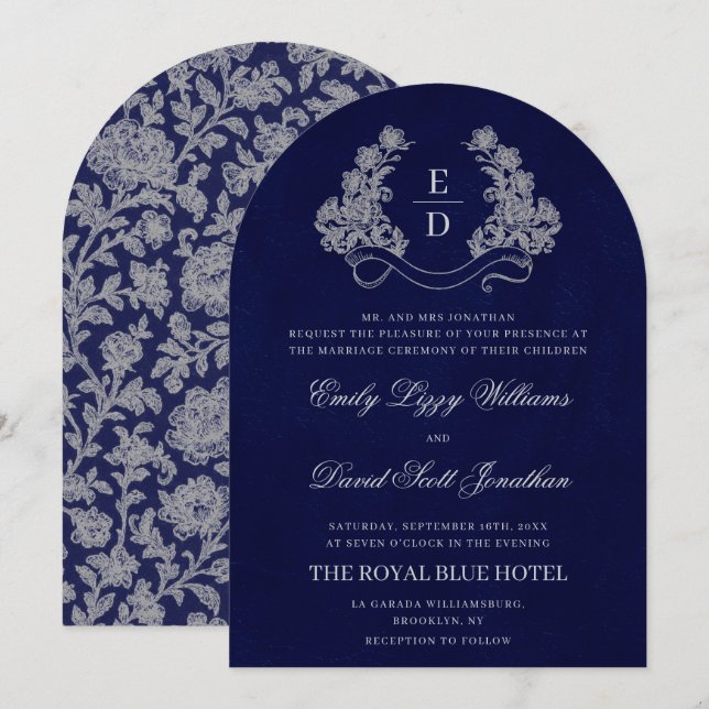 Floral Crest Monogram Navy Heritage Wedding Einladung (Vorne/Hinten)