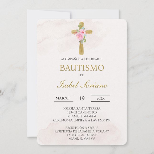 Floral cross beige Spanish baptism Einladung (Vorderseite)