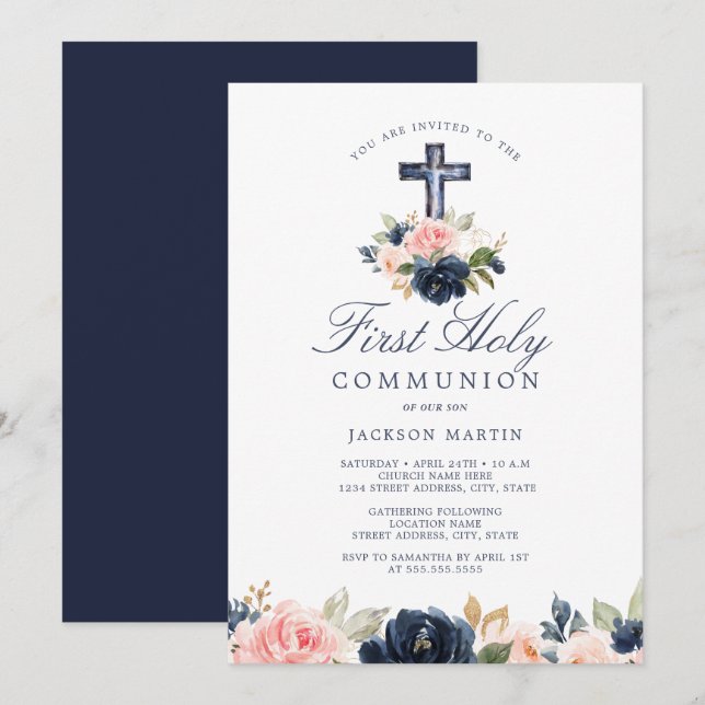 Floral Cross Boys First Communion Invitation (Devant / Derrière)