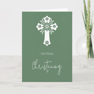 Floral Cross Card Christening Fern Green Karte