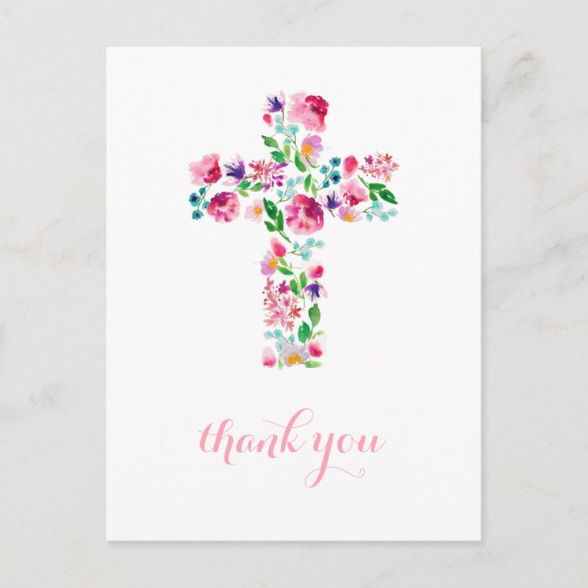 Floral Cross Dankeschön zur Kenntnis nehmen, taufe Postkarte (Vorderseite)