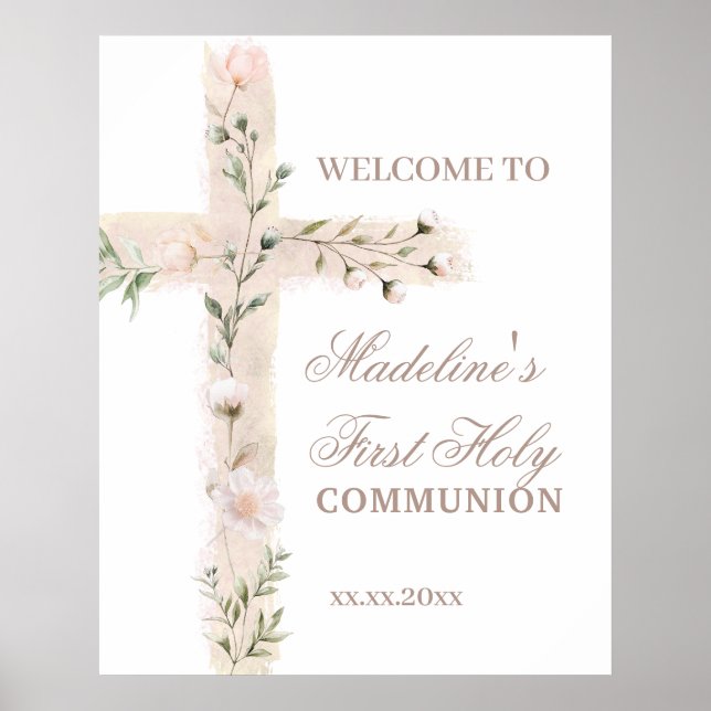 floral cross First Communion welcome sign Poster (Vorne)