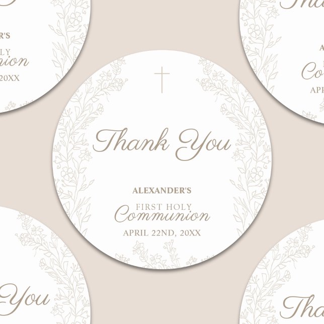 Floral Cross First Holy Communion Thank You Runder Aufkleber (Von Creator hochgeladen)