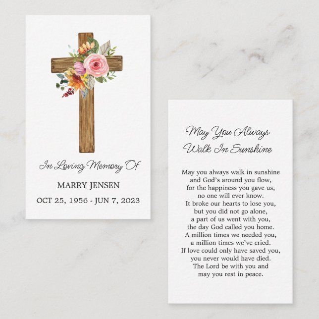Floral Cross Memorial Funeral Prayer Card Visitenkarte (Vorne/Hinten)