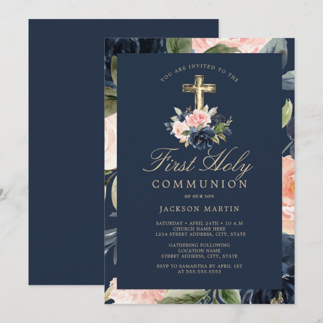 Floral Cross Navy Boys First Communion Invitation (Devant / Derrière)
