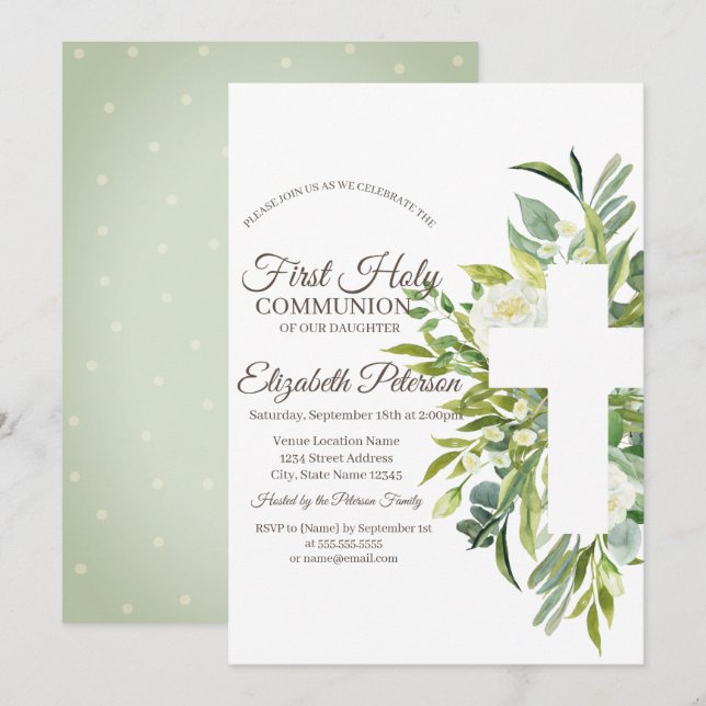 Floral Cross Polka Dots Erste Heilige Kommune Einladung (Vorne/Hinten)