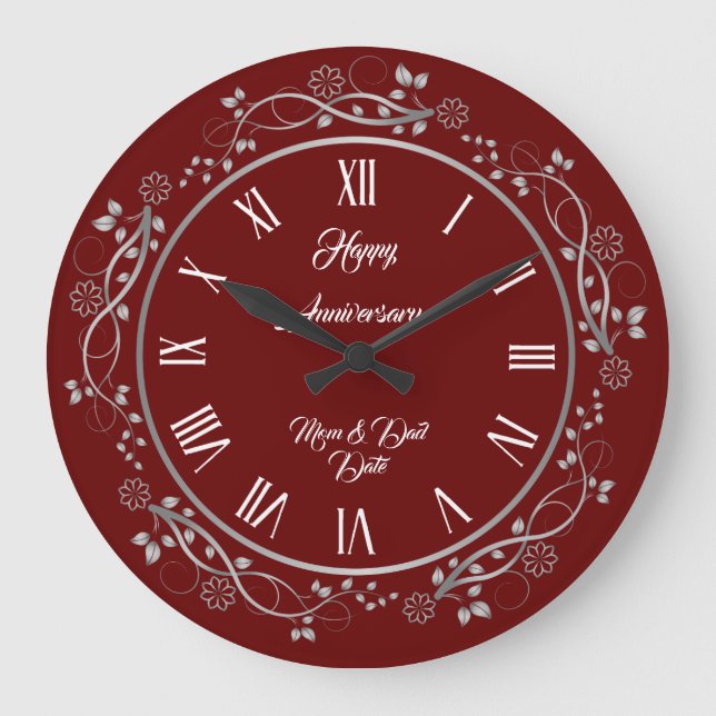 Floral Customize Happy Silver 25 Jahre Jubiläum Große Wanduhr (Vorderseite)