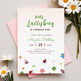 Floral Cute Bug Ladybug Girl 1st Birthday Party Einladung