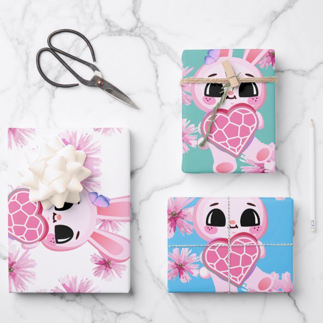 Floral cute pink rabbit easter geschenkpapier set (Vorderseite)