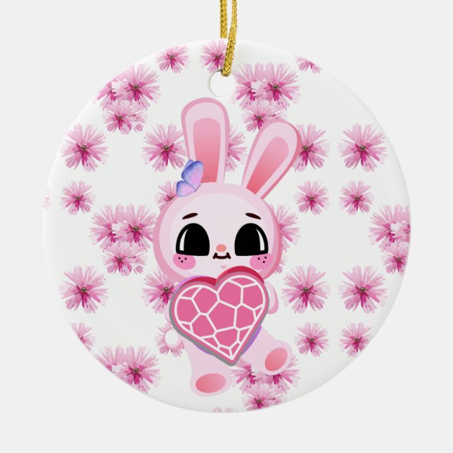 Floral cute pink rabbit easter keramik ornament (Vorne)