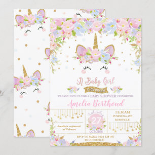 Floral Cute Unicorn Baby shower Invitation fille