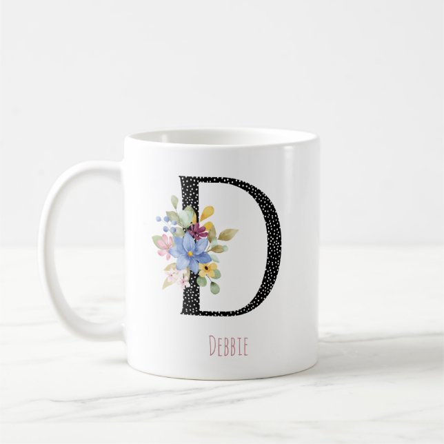 Floral D Monogram Name Black Polka Dot Coffee Mug Kaffeetasse (Links)