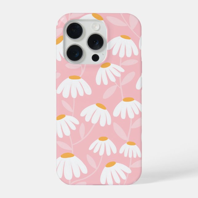 Floral Daisies Pattern Pink & White iPhone 15 Pro Hülle (Rückseite)