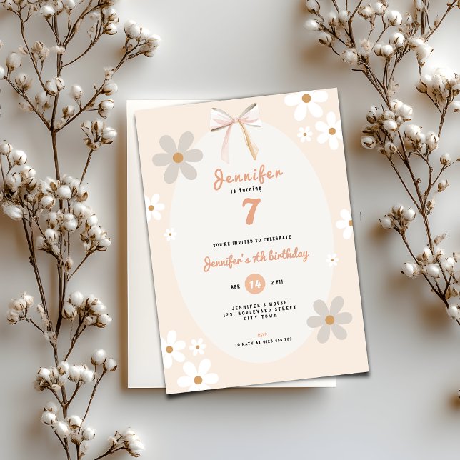 Floral Daisy 7th Birthday Invitation for Girls Einladung (Floral Daisy 7th birthday invitation for girls)