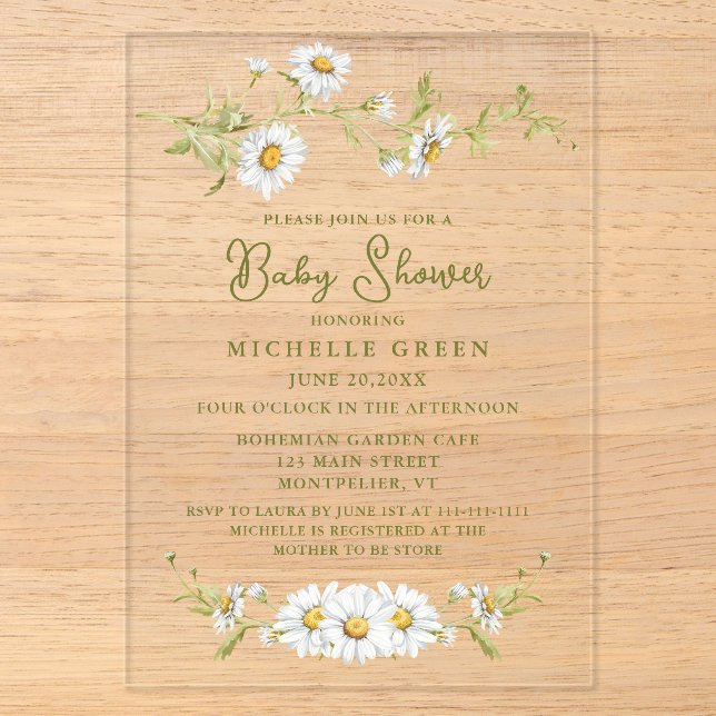 Floral Daisy Garden Botanical Baby Shower Acryleinladungen (Vorderseite)