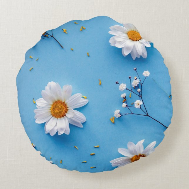 Floral Daisy Muster - Light Blue Rundes Kissen (Rückseite)