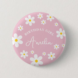 Floral Daisy Pink Girls Geburtstags-Abzeichen Button