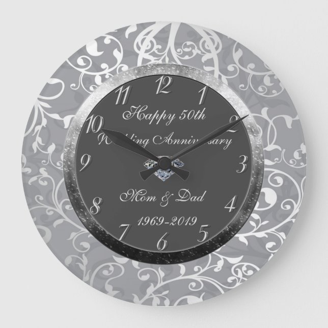 Floral Damask Diamond 50th Wedding Anniversary Große Wanduhr (Vorderseite)