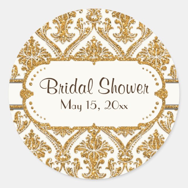 Floral Damask Elegantes Gold Glitzer Brautparty Runder Aufkleber (Vorderseite)