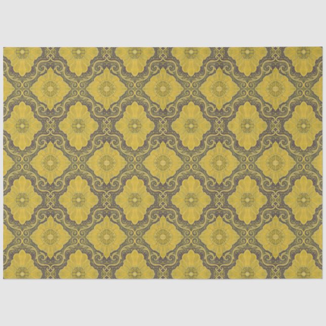 Floral Damask Muster Gelbe Blumen Husk Brown Seidenpapier (Vorderseite)