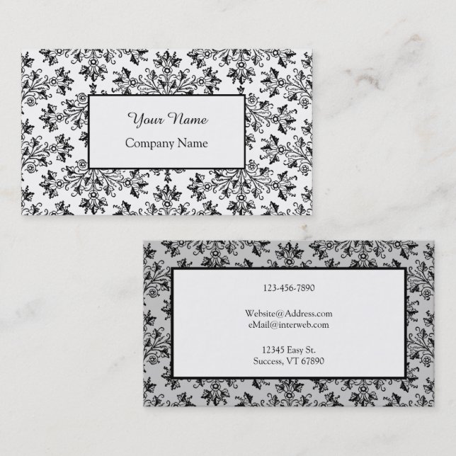 Floral Damask noir blanc Editable Cartes de visite (Devant / Derrière)