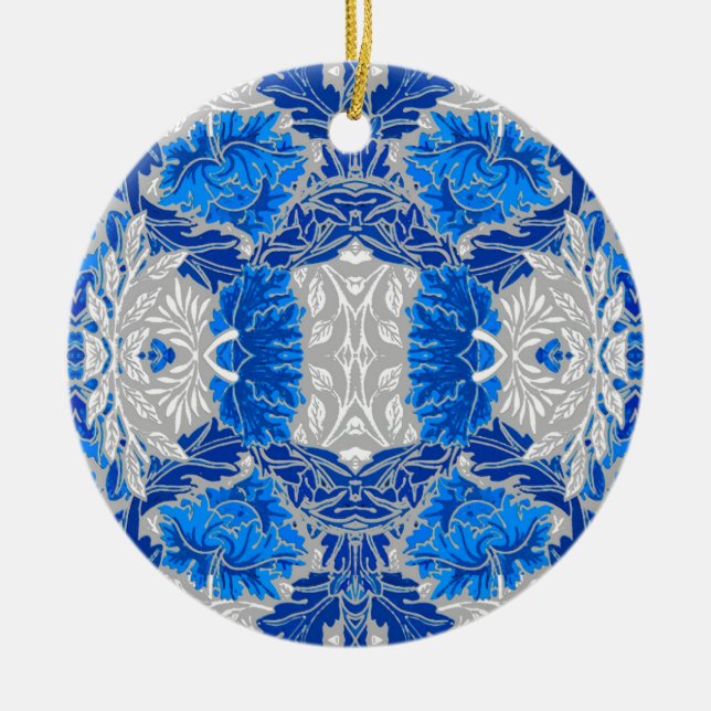 Floral Damask, Sapphire Blue und Grau Keramik Ornament (Vorne)