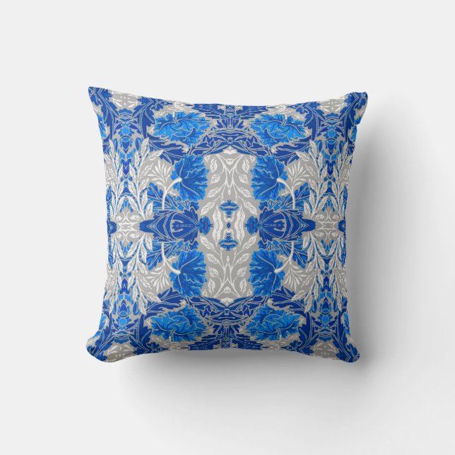 Floral Damask, Sapphire Blue und Grau Kissen (Vorderseite)