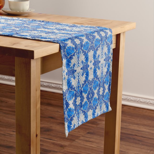 Floral Damask, Sapphire Blue und Grau Kurzer Tischläufer (Beispiel)