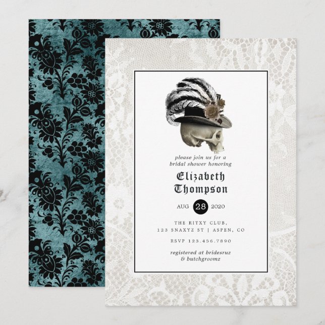 Floral Damask und Spitzen Gothic-Brautparty Einladung (Vorne/Hinten)