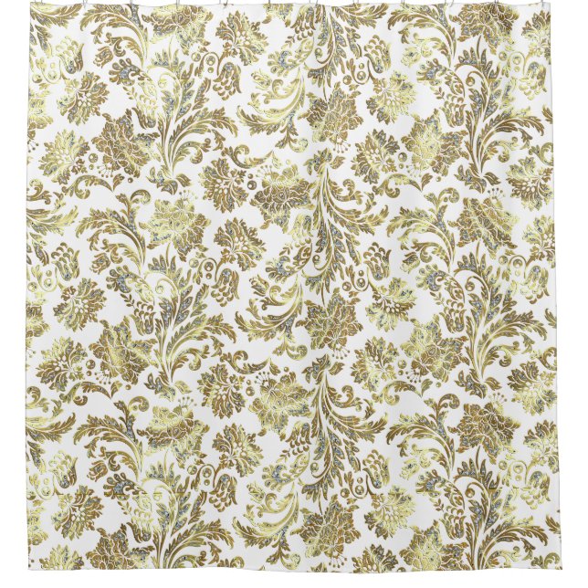 Floral-Damaskus aus Gold und Weiß-Glitzer Duschvorhang (Vorderseite)