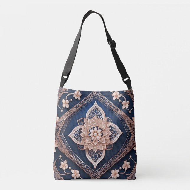 Floral Dark Blue Diamond AI art Tragetaschen Mit Langen Trägern (Rückseite)