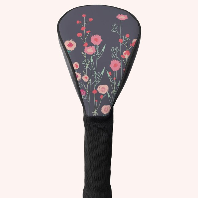 Floral Dark Golf Headcover (Boho floral pink and charcoal gray golf head cover)