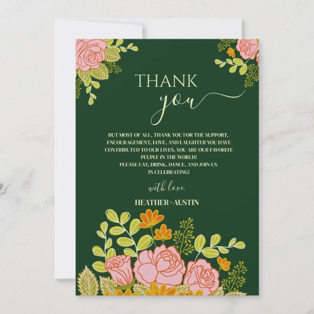 Floral Dark Green Wedding Vielen Dank Einladung (Vorderseite)