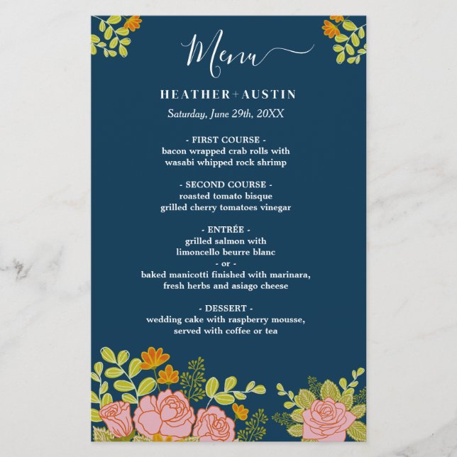 Floral Dark Navy Blue Mariage Botanic Decor Menu (Devant)