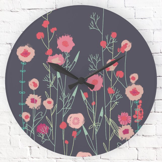 Floral Dark Runde Wanduhr (Floral dark pink and charcoal gray art clock)