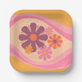 Floral Daydream Retro Blume Muster Rosa Orange Pappteller