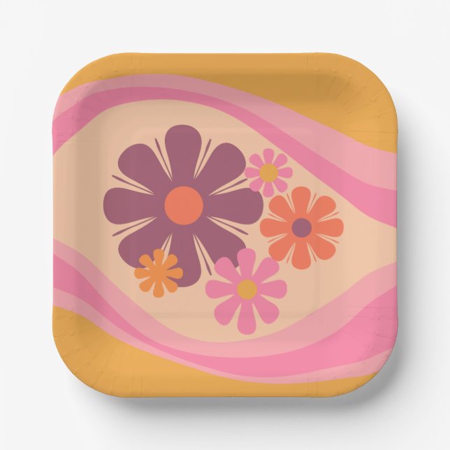 Floral Daydream Retro Blume Muster Rosa Orange Pappteller (Vorderseite)