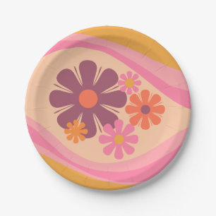 Floral Daydream Retro Blume Muster Rosa Orange Pappteller