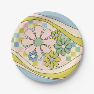 Floral Daydream Retro Blume überprüft 60er Pastel Pappteller