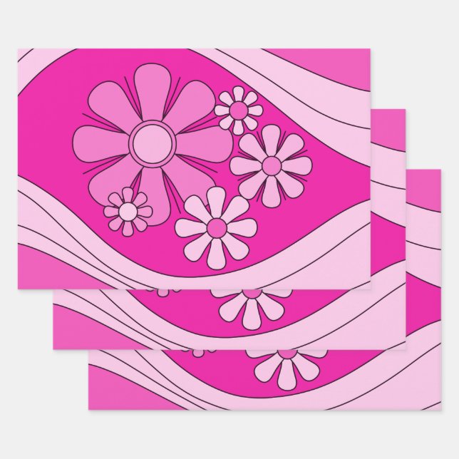 Floral Daydream Retro Hot Pink 60er Blume Geschenkpapier Set (Set)