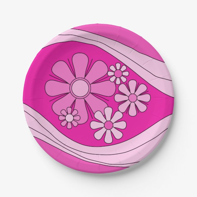 Floral Daydream Retro Hot Pink 60er Blume Pappteller (Vorderseite)