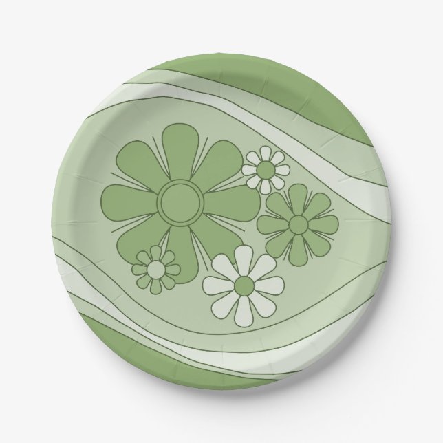 Floral Daydream Sage Green Retro 60er 70er Blume Pappteller (Vorderseite)