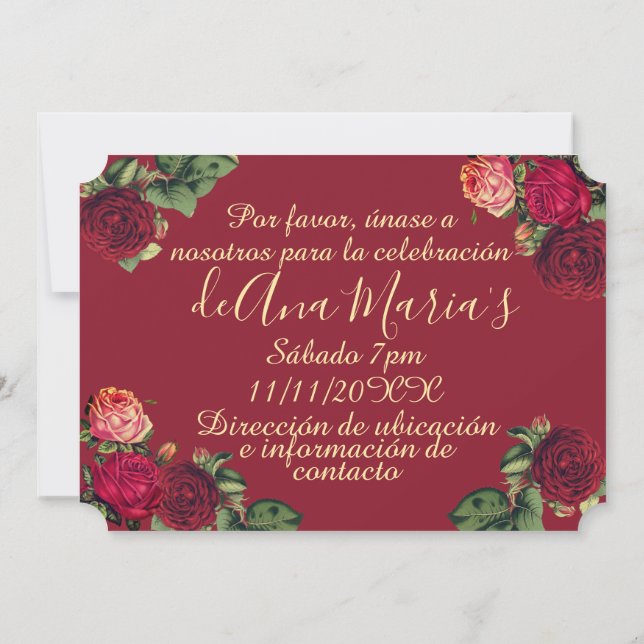 Floral de Borgoña Quinceanera Celebración Einladung (Rückseite)