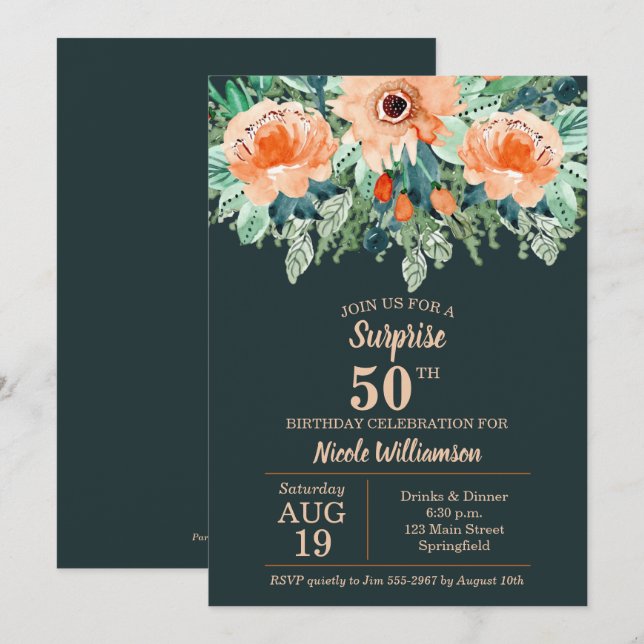 Floral de Pêche à l'aquarelle sur Invitations Turq (Devant / Derrière)