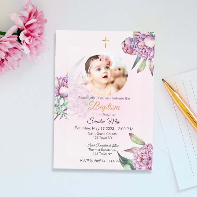 Floral de pivoine rose avec invitation photo Baptê (Pink Peony Floral with Photo Baptism Invitation)